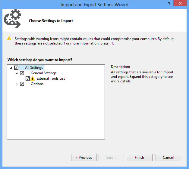 Screenshot - Visual Studio Import and Export Settings Wizard
